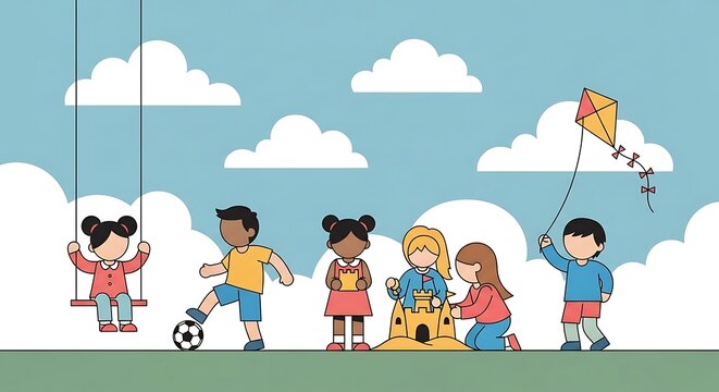 Children Playing Outdoors with Kite, Swing, Soccer, and Sandcastle. - Powered by Adobe