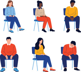 Seated characters, emotional posture, body language icons, diverse people, therapy illustration, behavioral cues, sitting poses, mental states, expressive gestures, social behavior, chair posture, emo