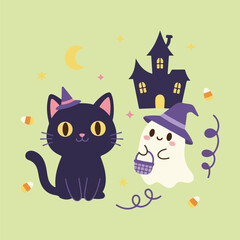 Halloween illustration featuring a black cat with a witch hat, a ghost, a haunted house, and candy corn.