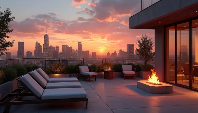 City skyline view from luxury penthouse terrace at sunset. Relaxing outdoor space with fireplace chairs and lounge furniture. Modern building apartment urban design.