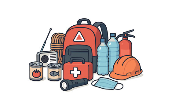 disaster preparedness kit emergency supplies and home safety flat vector illustration style isolated on white background