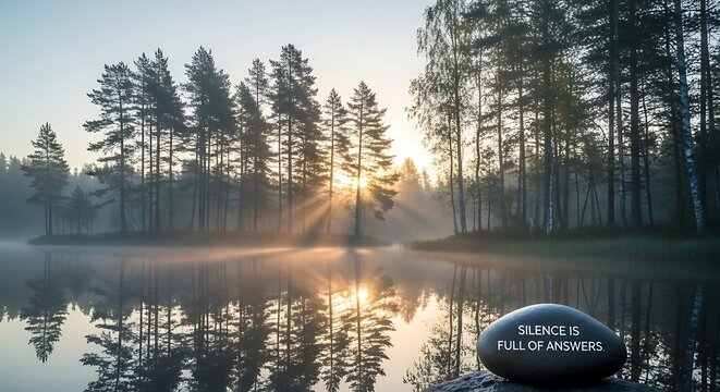 Sunrise over a tranquil lake with a reflective stone in the foreground.