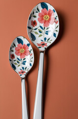 two premium serving spoons or teaspoons from a designer flatware collection, set against a warm, terracotta or burnt orange background. The handles are crafted from polished stainless steel shine.
