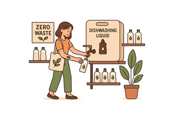 zero contain dishwashing liquid refill shop and eco friendly lifestyle flat vector illustration style isolated on white background