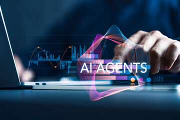 Concept of businessman using AI agent, smart financial planning assistant, data display dashboard,...