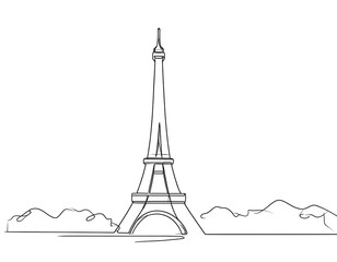 Minimalist single-line drawing of iconic tower and surrounding landscape