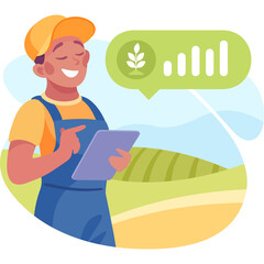 Farmer Wearing Blue Overalls And Yellow Shirt Holding Tablet With Wheat Icon On Green Speech Bubble Above Fields Under Blue Sky