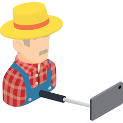 Farmer Wearing Yellow Hat Red Plaid Overalls Holding Cellphone on Selfie Stick Capturing Moment with Moustache and Gray Hair Detailed Isometric Illustration on Transparent Background