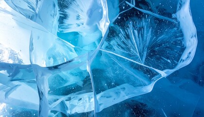 Crystalline Deep Blue Ice Abstract Texture with Radial Stress Cracks. Frozen Winter Background Macro Shot.