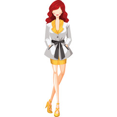 Fashionable Woman In White Blazer And Yellow Dress With Black Belt Standing And Posing With Hands In Pockets On Transparent Background