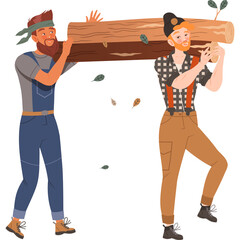 Two Bearded Men in Outdoor Work Clothes Carrying a Large Log Together On Transparent Background...