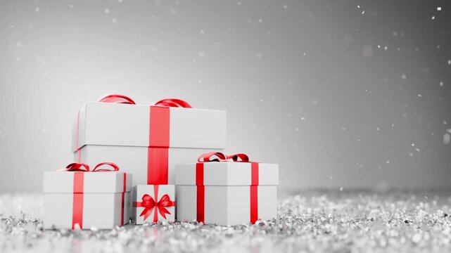 Camera movement towards the gifts. Birthday present. White gift box with red ribbon, symbolizing luxury and celebration. White gift box with red ribbons. Christmas present. Sale. Gift certificate. Val