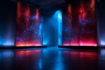 Futuristic Dark Room with Cracked Illuminated Walls and Vibrant Blue and Red Lighting