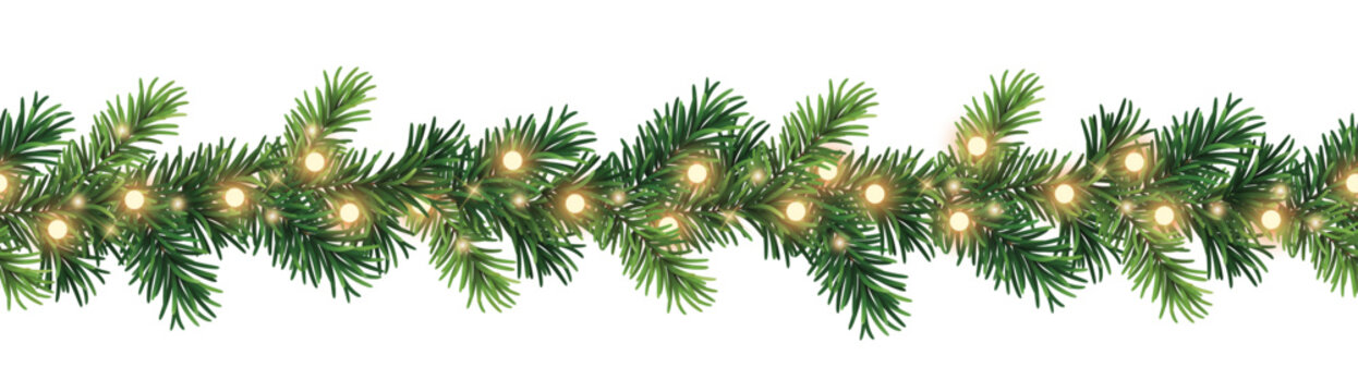Seamless decorative christmas border with glowing lights and coniferous branches isolated on white background	