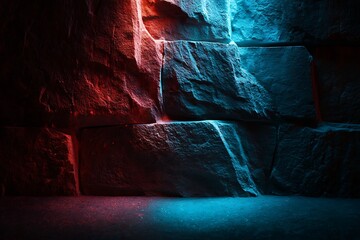 Colorful Illuminated Stone Wall with Red and Blue Lighting in Artistic Style