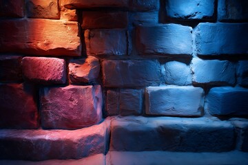 Colorful Brick Wall with Red and Blue Lighting Artistic Texture