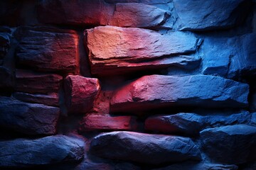 Colorful Illuminated Brick Wall with Red and Blue Lighting Artistic Background