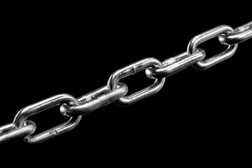 Sliver Chain. Isolated Stainless Steel Link Catch on Shiny Black Leash