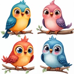 Fototapeta premium Four cute cartoon birds with big eyes sit on tree branches. Colorful avian characters look cheerful and playful. This illustration set is perfect for kids designs.