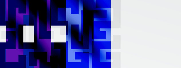 Abstract geometric pattern. Blue, purple hues dominate, with white squares interrupting dark background. Modern digital art style.