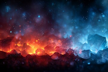 Vibrant Blue and Orange Abstract Cosmic Landscape with Glowing Rocks and Sparkling Particles