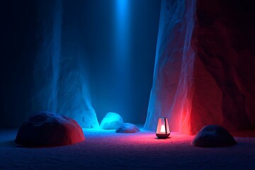 Mystical Cave Scene with Blue and Red Lighting and Lantern on Snowy Floor