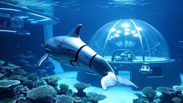 A robotic dolphin gracefully swims through a vibrant underwater aquarium, showcasing advanced animatronics and marine technology.