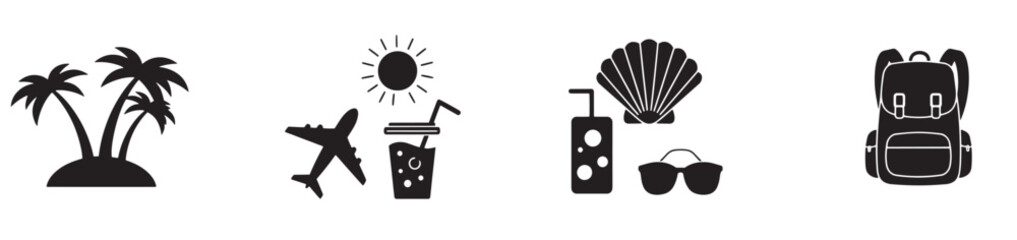 A collection of travel related icons in a minimalist style, featuring a cruise ship, suitcase, passport, tickets, steering wheel, life preserver, anchor, beach scene, and other vacation essentials.