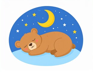 Adorable flat minimalist illustration of a cute bear peacefully sleeping under a starry night sky with a crescent moon. Clean vector design with pastel colors and soft lighting. Perfect for children&rsquo;s