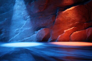Colorful Red and Blue Rock Cave Interior with Water Reflection