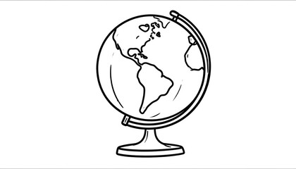 Line drawing depicts a globe resting on a stand against a white backdrop
