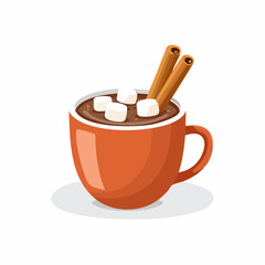 A vibrant illustration of a warm cup of hot chocolate topped with fluffy white marshmallows and two aromatic cinnamon sticks, served in an orange mug.