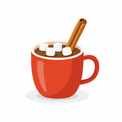 A red mug filled with hot chocolate, marshmallows, and a cinnamon stick, a cozy winter treat.