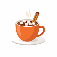 Illustration of a cup of hot chocolate with marshmallows and a cinnamon stick.