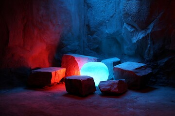 Glowing Ice Cube with Red and Blue Light in Ice Cave