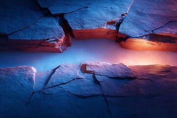 Cracked Rock Surface with Blue and Red Lighting in Artistic Landscape