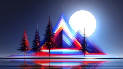 Illustration of a minimalist snowy winter landscape with geometric hills, pine trees, and a soft pastel blue sky. Features smooth gradients, simple shapes, and modern flat design.