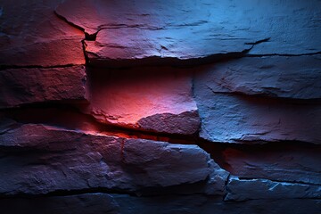 Textured Stone Wall with Blue and Red Lighting Artistic Abstract Background
