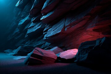 Colorful Rocky Cave Interior with Blue and Red Lighting in Natural Setting