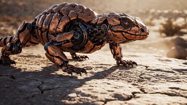 A robotic lizard-like creature with metallic scales walks across a rocky desert landscape under the sun.