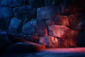 Dark Stone Wall with Red and Blue Lighting in Dim Environment