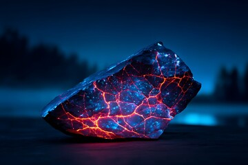 Glowing Lava Rock with Blue and Red Cracks on Dark Surface at Night