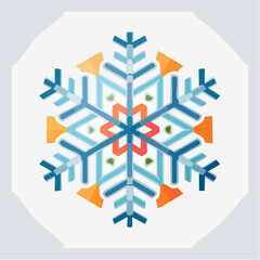 A symmetrical snowflake illustration featuring intricate geometric patterns and vibrant colors, perfect for winter themes.