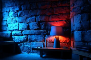 Modern Interior Scene with Blue and Red Lighting Illuminating Stone Wall and Table Lamp