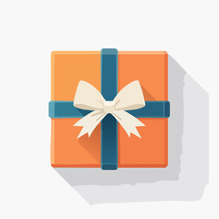 A top-down view of a square orange gift box with a teal ribbon and a white bow.