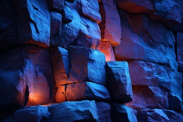 Colorful Blue and Red Illuminated Stone Wall with Dramatic Lighting