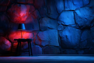 Modern Interior Wall with Blue and Red Lighting and Small Black Table