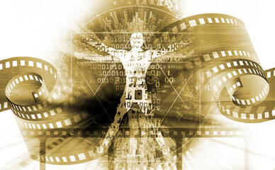 Vitruvian man on movie strip background.
Futuristic Illustration of Vitruvian man with destroyed binary codes, and film strips.