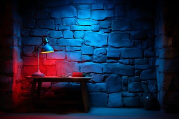 Modern Interior Scene with Blue and Red Lighting on Textured Stone Wall