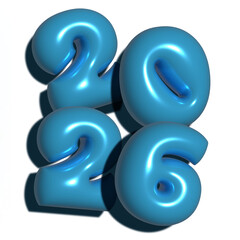 Blue 3D text 2026 on a transparent background. Blue bubble typeface. Cute inflatable letters 2026 with shadow.